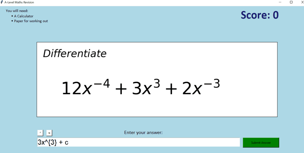 A-Level Maths Revision game screen